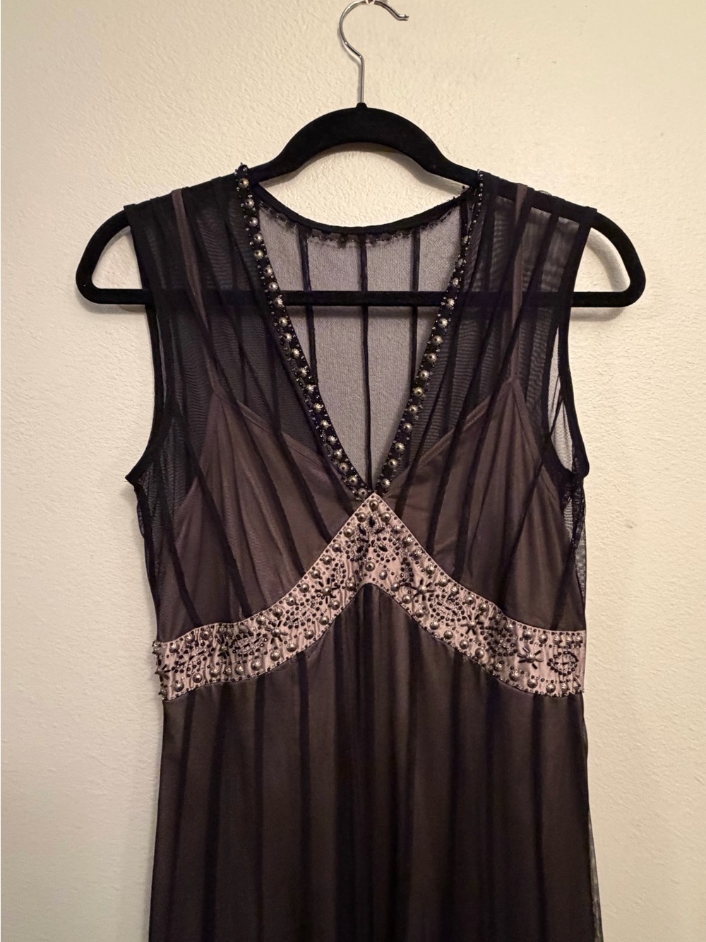 Mixit Black Sheer Mesh Overlay with Coppery Gold Slip Beaded Empire Waist Sz 8